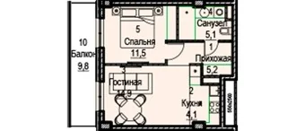 Планировка: Двухкомнатная: спальня 11,5 м², гостиная с кухней, балкон 9,8 м²