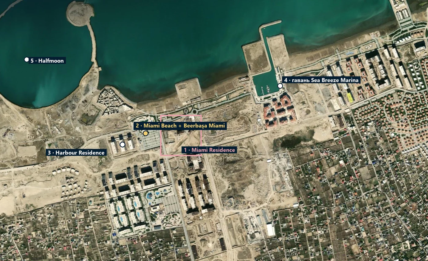Спутник: 1 — Miami Residence, 2 — Miami Beach и Beerbaşa Miami, 3 — Harbour Residence, 4 — гавань яхт-клуба, 5 — Halfmoon